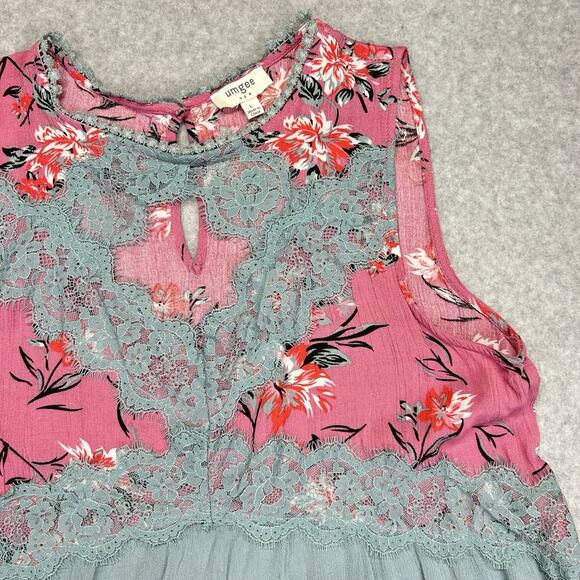Umgee Sleeveless Dress Womens Large Pink Blue Floral Lace Keyhole Gauzy Flowy - Picture 6 of 12